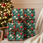 Two Christmas gifts wrapped in teal ornament paper with striped ribbon sit in front of a lit tree.