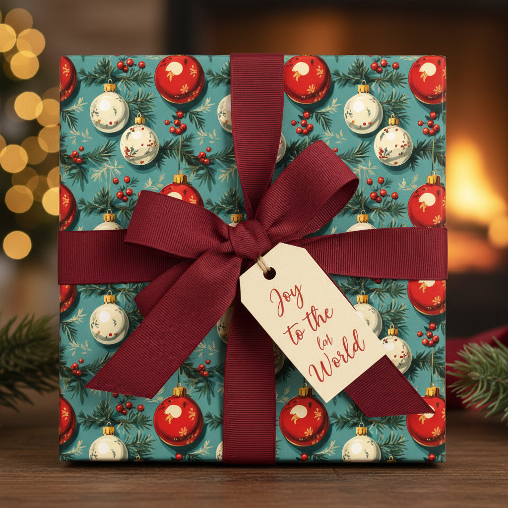 Square gift wrapped in vintage-style Christmas wrapping paper with ornaments and ribbon, tag reads "Joy to the World."