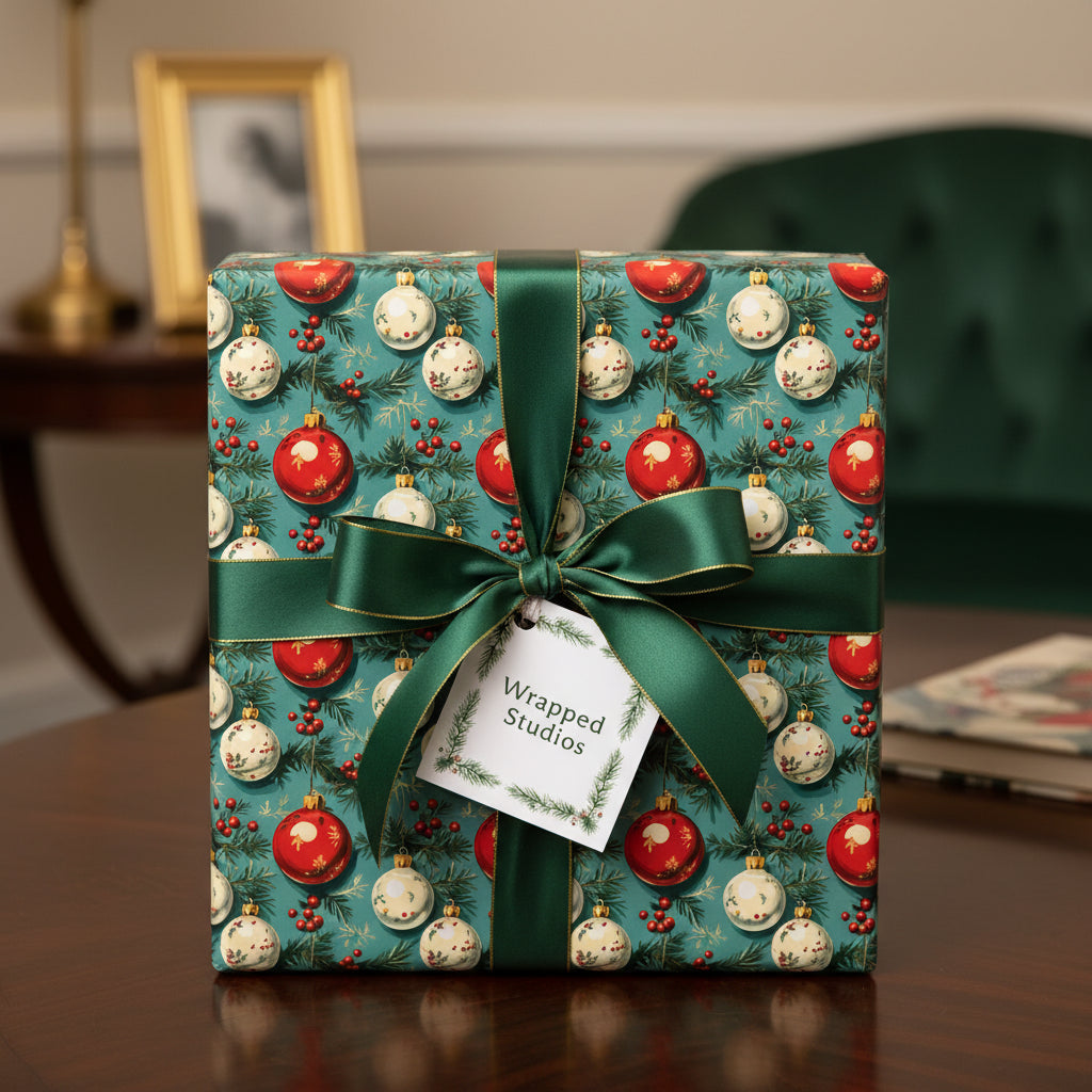 Elegant Christmas gift wrapped in teal paper with an ornament pattern and tied with a forest green satin ribbon.