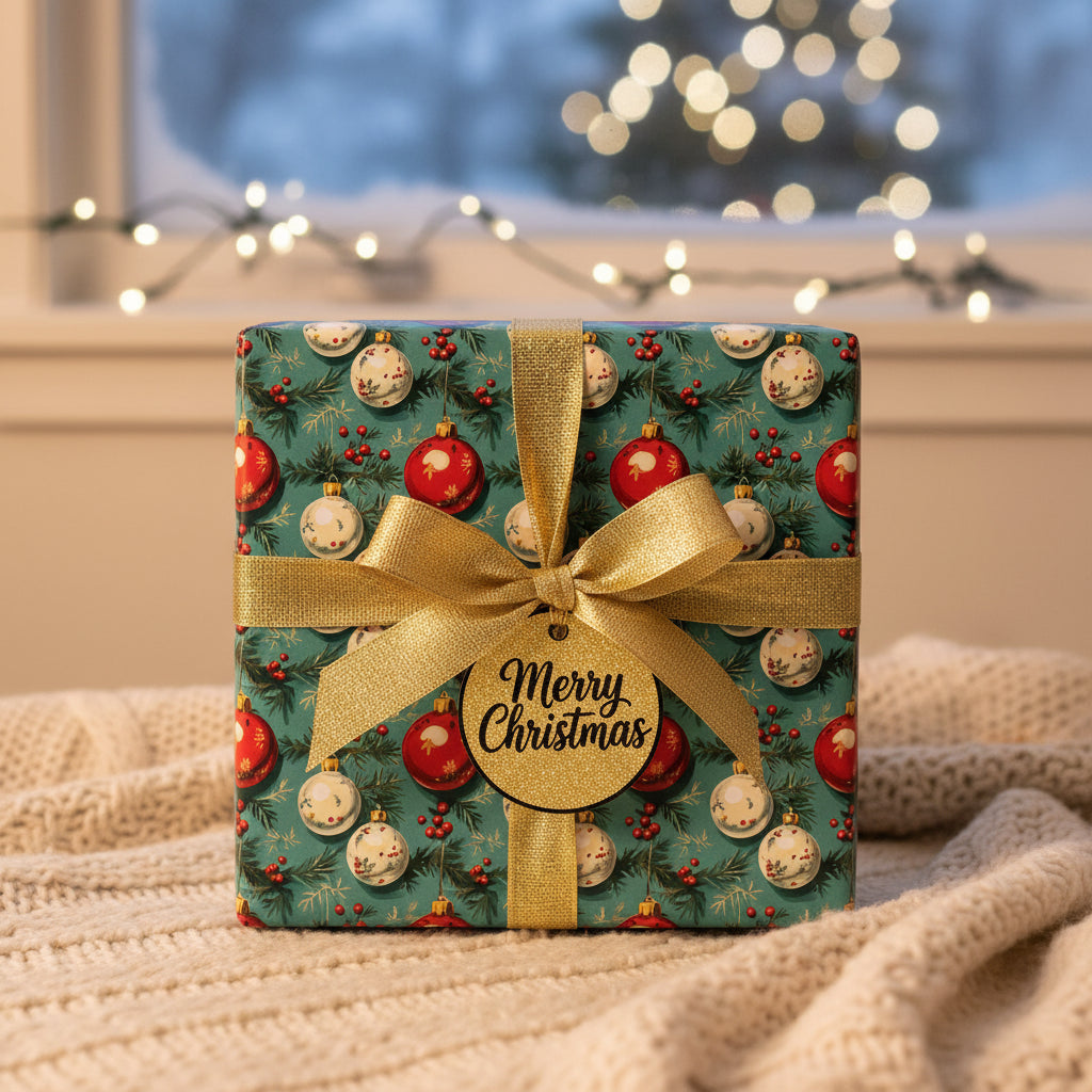 Square gift wrapped in teal Christmas wrapping paper with ornaments & gold ribbon and "Merry Christmas" tag.
