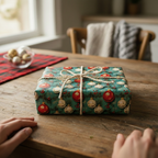 Teal Christmas gift wrap with red and white ornaments, tied with rustic twine on wooden table.