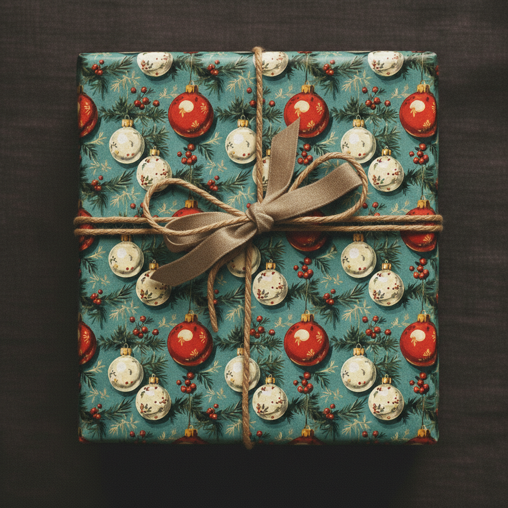 Square gift wrapped in vintage Christmas wrapping paper with ornaments and rustic twine.