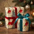 Vintage Christmas gift wrap with retro hostess design, red velvet ribbon, and teal satin bow on rustic wood.