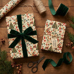 Vintage Christmas wrapping paper and holiday gift wrap with green velvet ribbon by Wrapped Studios.