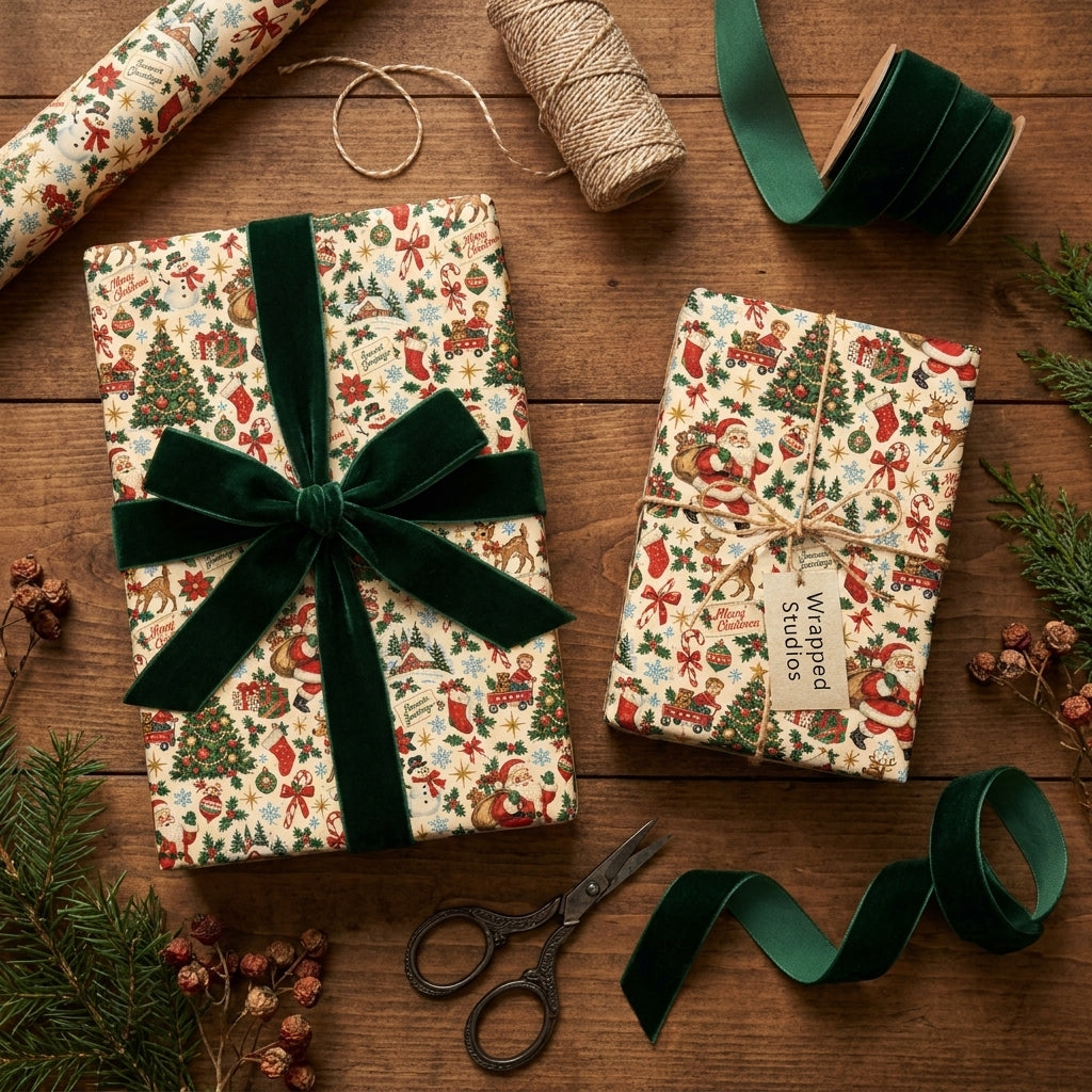 Vintage Christmas wrapping paper and holiday gift wrap with green velvet ribbon by Wrapped Studios.