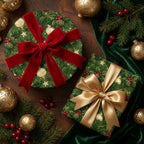 Luxury Christmas wrapping paper in green pine pattern with red and gold ribbons by Wrapped Studios.