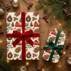 Vintage Christmas gift wrap with red trucks and ribbon bows on holiday presents. Wrapped Studios.