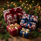 Nutcracker Christmas gift wrap with luxury velvet and satin bows on festive greenery by Wrapped Studios.