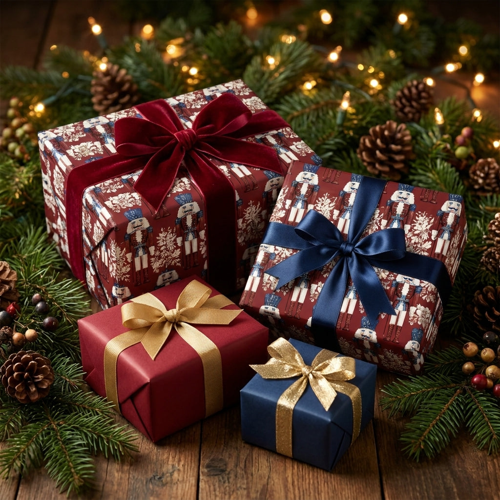 Nutcracker Christmas gift wrap with luxury velvet and satin bows on festive greenery by Wrapped Studios.