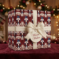 Vintage nutcracker Christmas wrapping paper with a cream bow on a luxury gift box by Wrapped Studios.