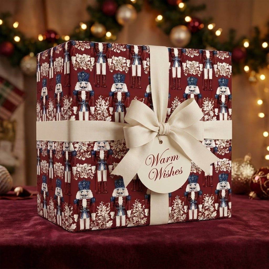 Vintage nutcracker Christmas wrapping paper with a cream bow on a luxury gift box by Wrapped Studios.