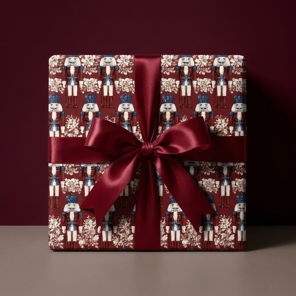Luxury nutcracker Christmas wrapping paper on a gift box with a burgundy satin bow by Wrapped Studios.