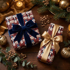 Luxury nutcracker Christmas gift wrap with elegant navy velvet and gold ribbons by Wrapped Studios.