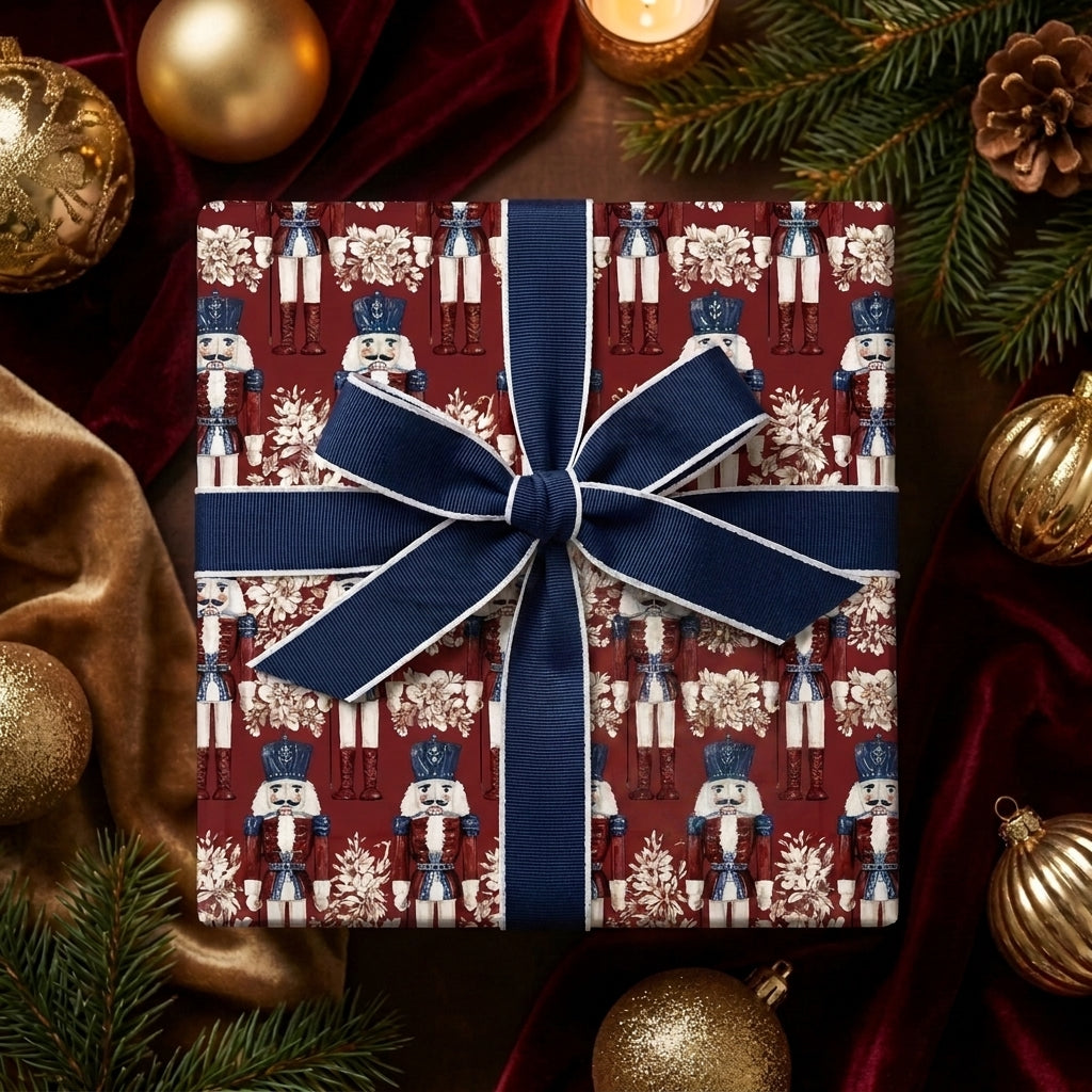 Elegant nutcracker Christmas wrapping paper with a navy ribbon, luxury gift wrap by Wrapped Studios.