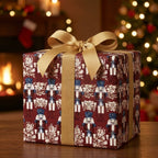 Luxury burgundy nutcracker Christmas wrapping paper with a gold bow by Wrapped Studios.