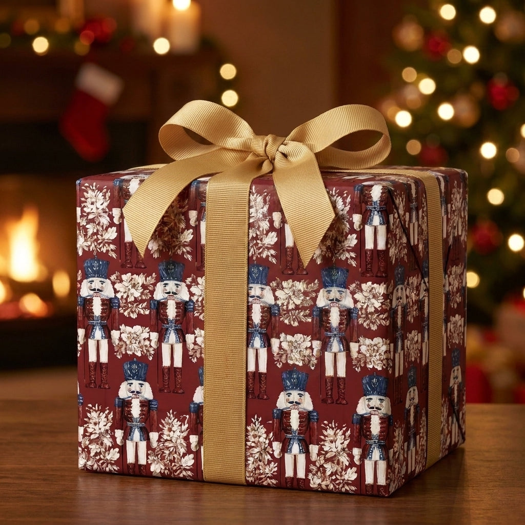 Luxury burgundy nutcracker Christmas wrapping paper with a gold bow by Wrapped Studios.