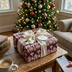 Red nutcracker Christmas wrapping paper by Wrapped Studios on a gift box with a cream linen bow.