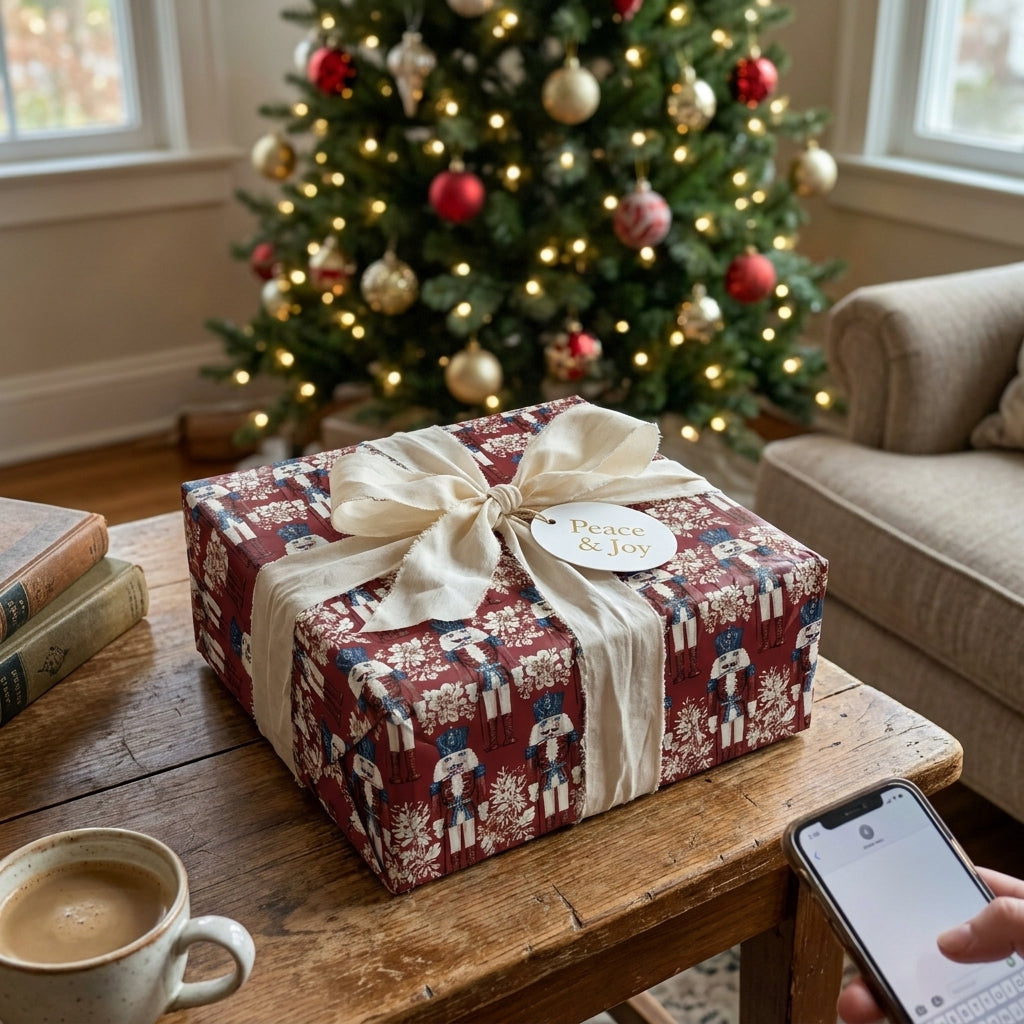 Red nutcracker Christmas wrapping paper by Wrapped Studios on a gift box with a cream linen bow.