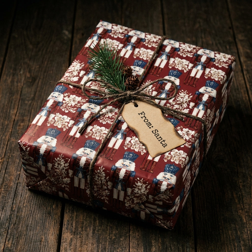 Vintage nutcracker Christmas wrapping paper by Wrapped Studios on a rustic gift with a From Santa tag.