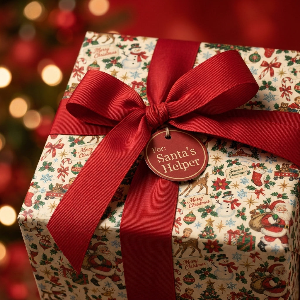 Vintage Christmas wrapping paper with Santa pattern and red ribbon, holiday gift wrap by Wrapped Studios.