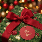 Luxury Christmas wrapping paper with a red bow and "For You" tag by Wrapped Studios against holiday lights.