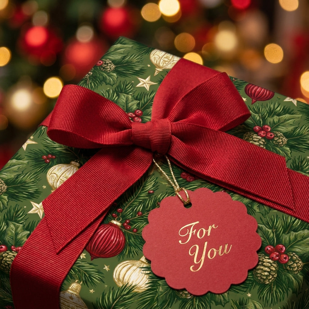 Luxury Christmas wrapping paper with a red bow and "For You" tag by Wrapped Studios against holiday lights.