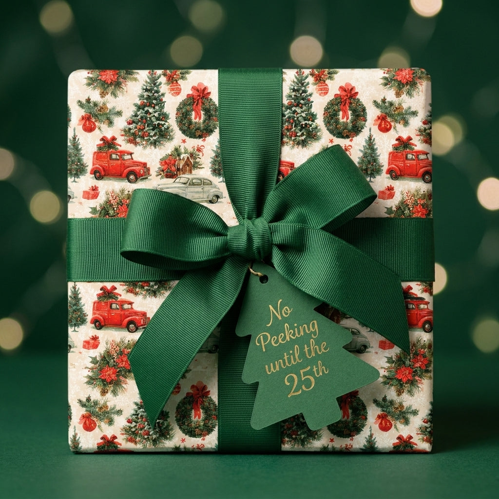 Vintage Christmas gift wrap featuring red trucks and a green bow by Wrapped Studios.