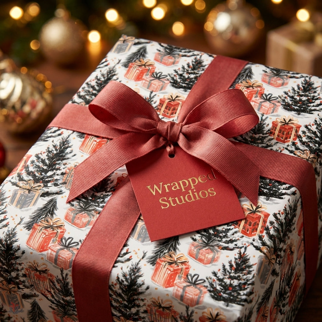 Luxury Christmas wrapping paper with festive pine tree pattern and red ribbon by Wrapped Studios.