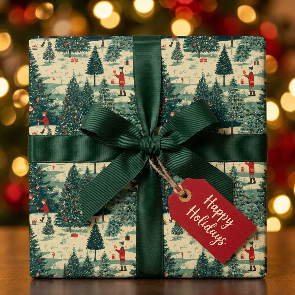 Vintage Christmas wrapping paper with winter forest pattern, green ribbon, and holiday tag by Wrapped Studios.