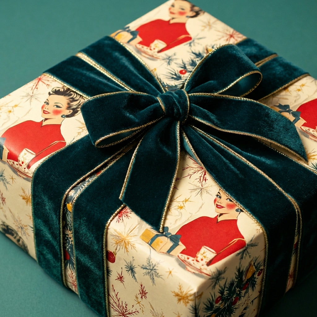Elegant gift wrapped in retro-style Christmas paper with a velvet and gold ribbon bow.