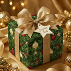 Luxury Christmas wrapping paper in elegant green pine pattern with a gold bow by Wrapped Studios.