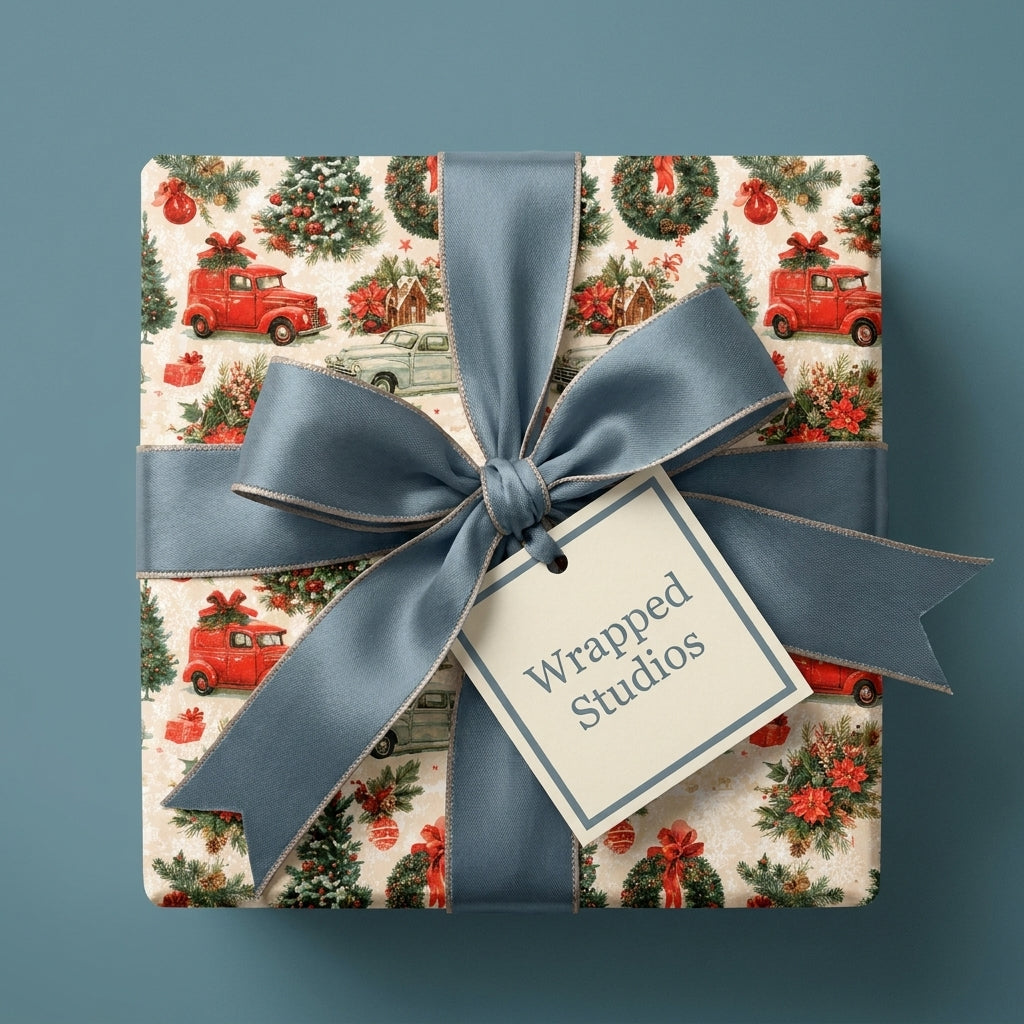 Vintage Christmas wrapping paper with red trucks and a dusty blue satin ribbon by Wrapped Studios.