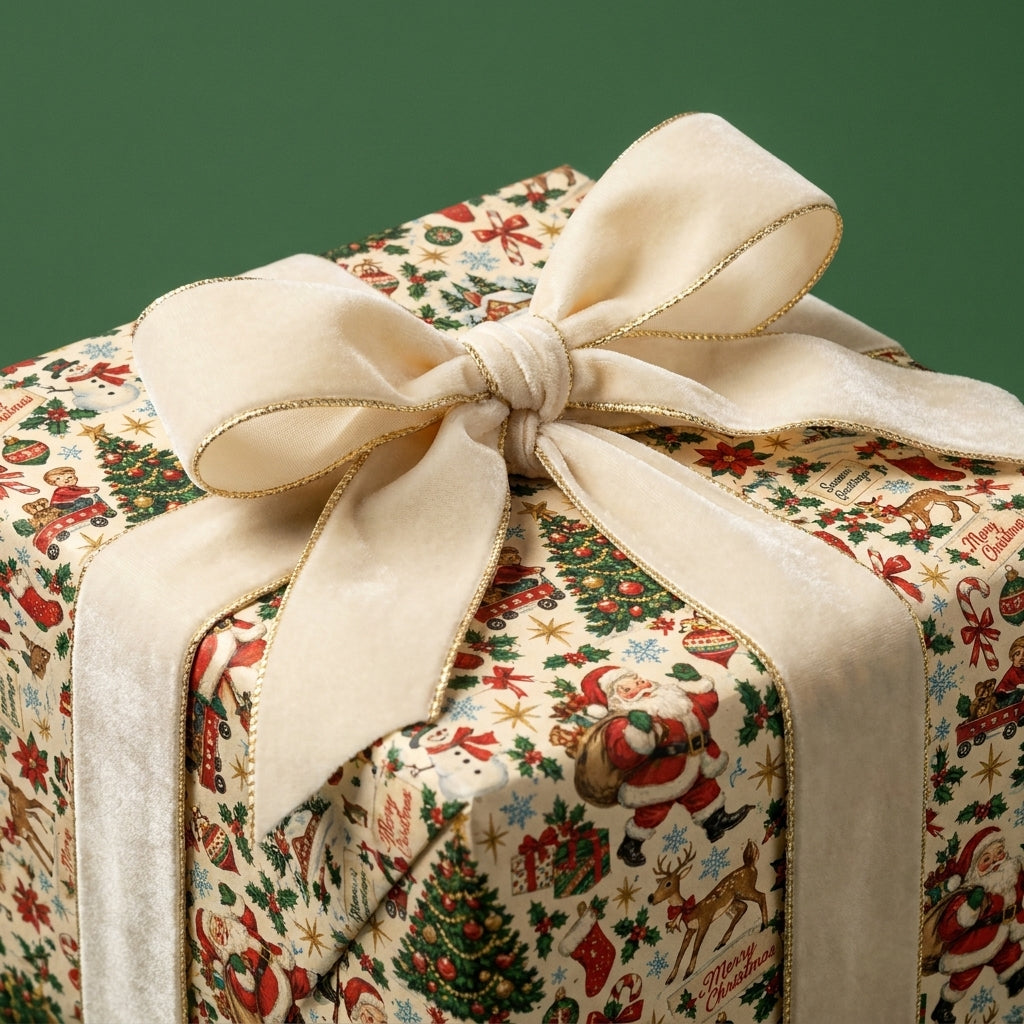 Vintage Christmas wrapping paper with Santa illustrations and a cream velvet ribbon bow by Wrapped Studios.