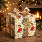 Vintage Christmas gift wrapped in retro-style pattern paper with gold ribbon and a "No Peeking" tag.