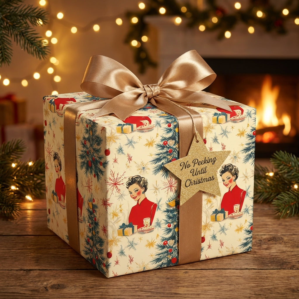 Vintage Christmas gift wrapped in retro-style pattern paper with gold ribbon and a "No Peeking" tag.