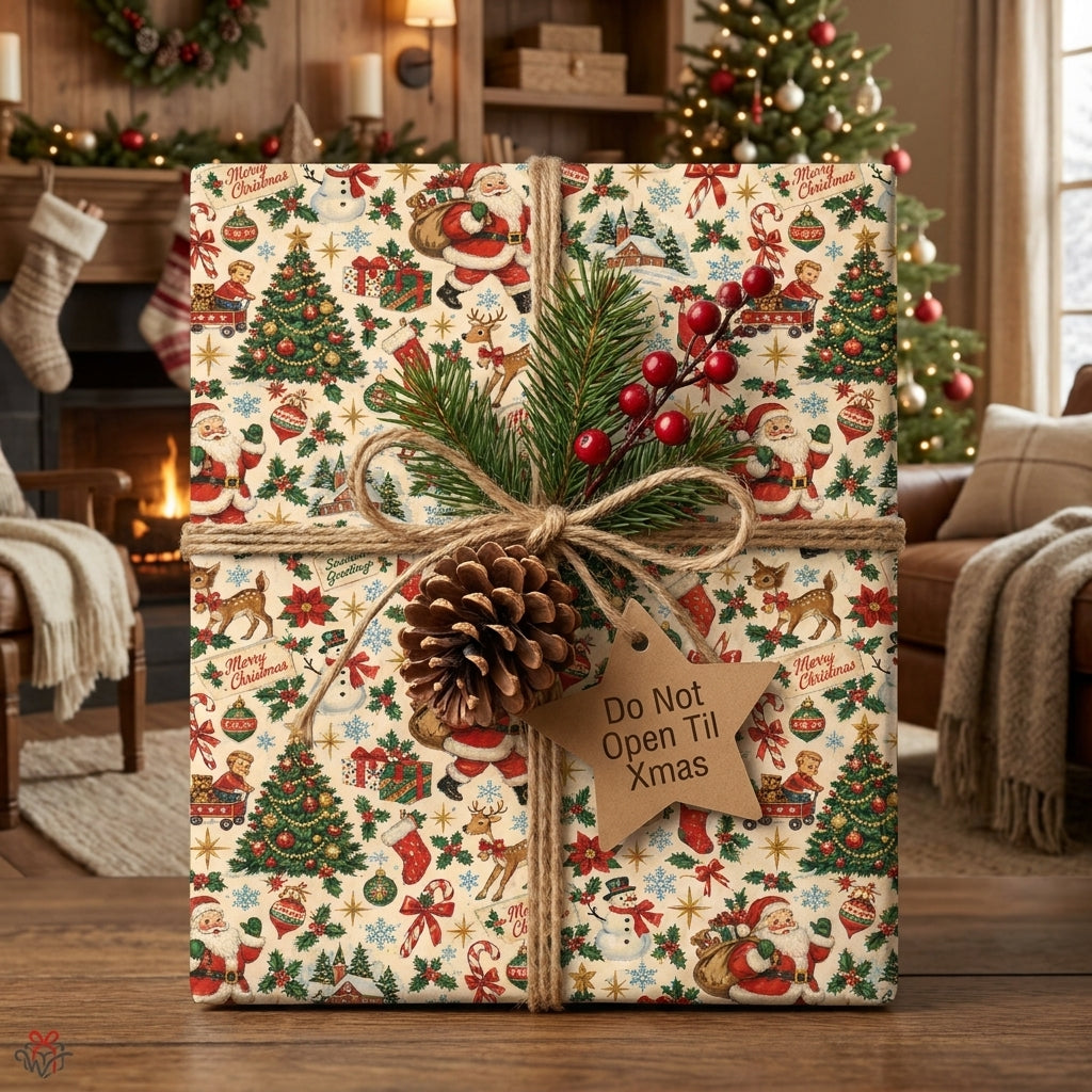 Retro Christmas wrapping paper featuring vintage Santa, on a rustic gift tied with twine by Wrapped Studios.