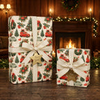 Vintage Christmas wrapping paper with red trucks and cream ribbons by Wrapped Studios, set by a cozy fireplace.