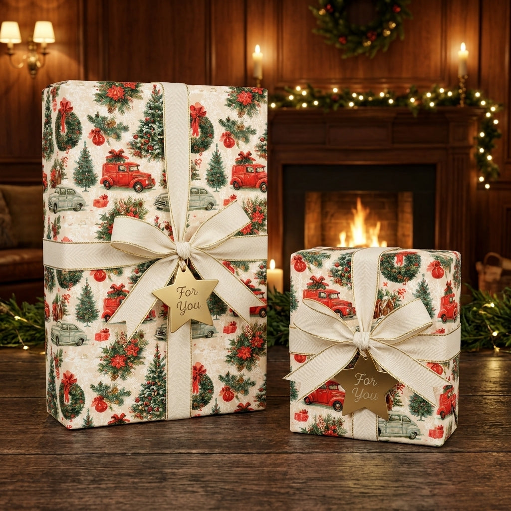 Vintage Christmas wrapping paper with red trucks and cream ribbons by Wrapped Studios, set by a cozy fireplace.