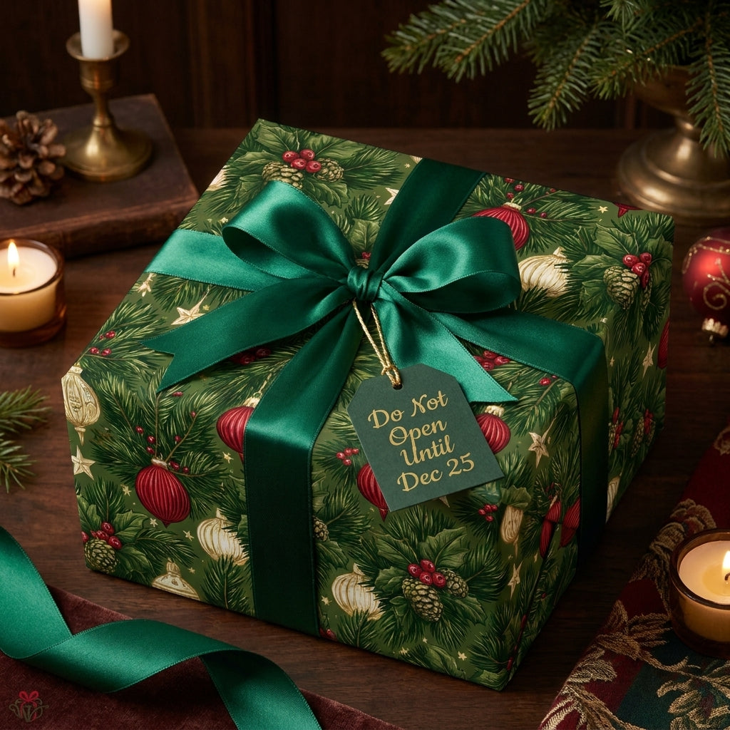 Luxury Christmas wrapping paper with a festive pine tree print and green satin bow by Wrapped Studios.