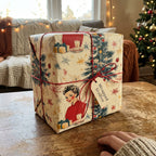 Vintage Christmas gift wrap with a retro woman, trees, and snowflakes, tied with red string.