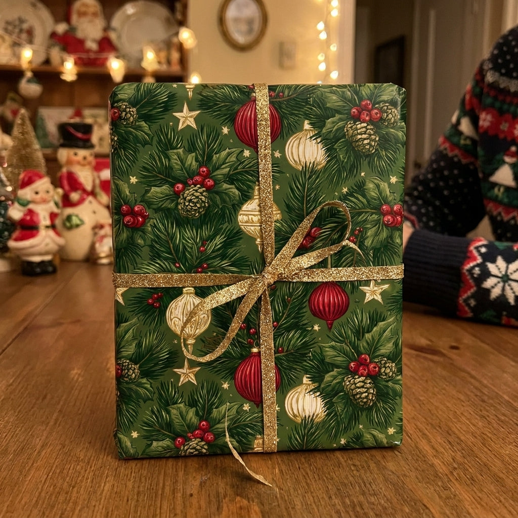 Green Christmas wrapping paper with vintage holiday ornaments and a gold glitter bow by Wrapped Studios.