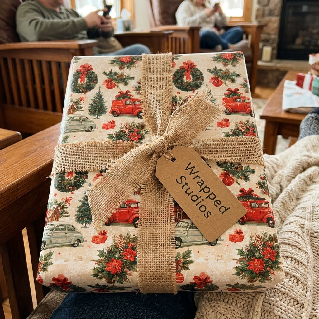 Vintage Christmas wrapping paper with red trucks, tied with a burlap ribbon and Wrapped Studios tag.