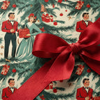 Vintage-style Christmas gift wrap with festive retro figures, pine branches, ornaments, and a large red satin bow.