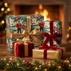 Elegant Christmas gift wrap featuring vintage-style people with red and gold ribbon, against a festive fireplace backdrop.