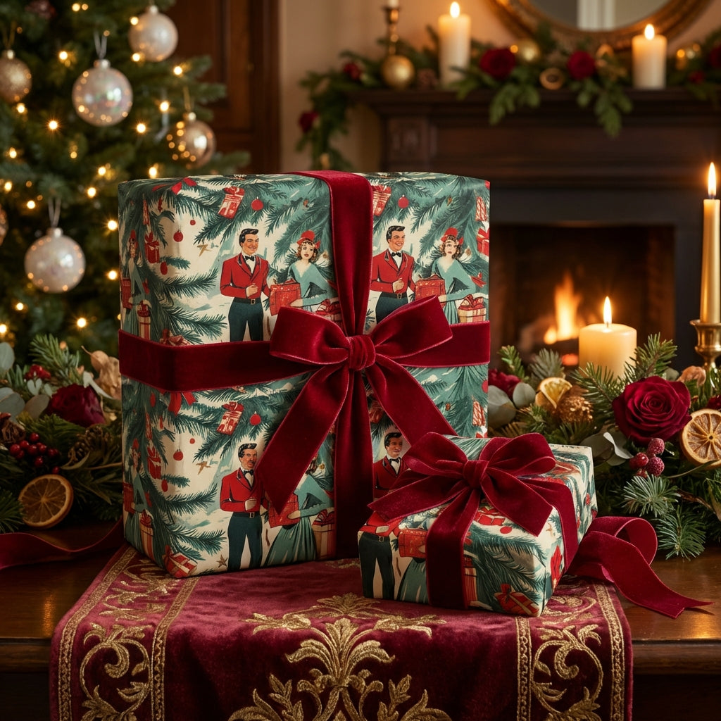 Elegant Christmas gifts wrapped in retro-style wrapping paper with velvet ribbon, set near a decorated fireplace.