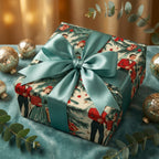 Elegant Christmas gift wrapped with vintage-style people print paper and teal satin bow.