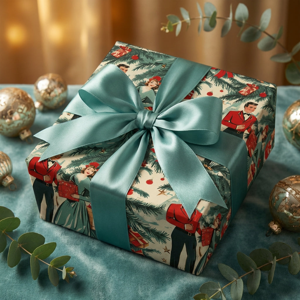 Elegant Christmas gift wrapped with vintage-style people print paper and teal satin bow.