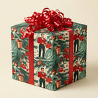 Vintage Christmas wrapping paper with people, trees, and presents, tied with a red curly ribbon bow.