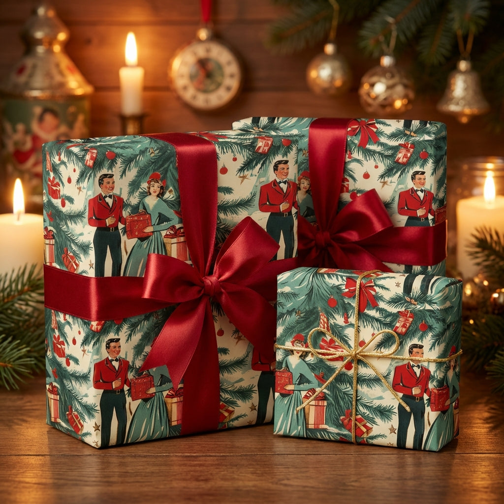 Wrapped Christmas gifts with vintage style couple print paper and red satin bows sit on a wood table.