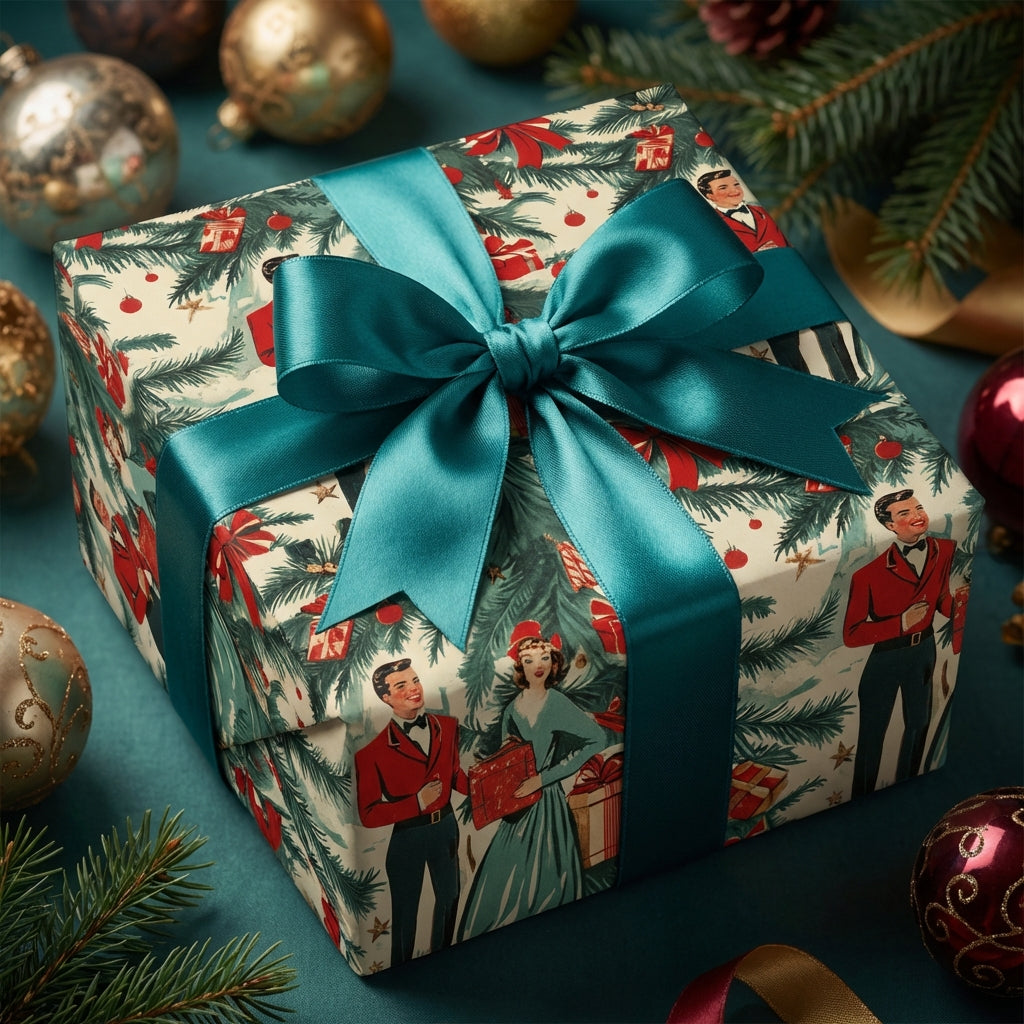 Elegant Christmas gift wrapped in vintage-style wrapping paper with teal ribbon.